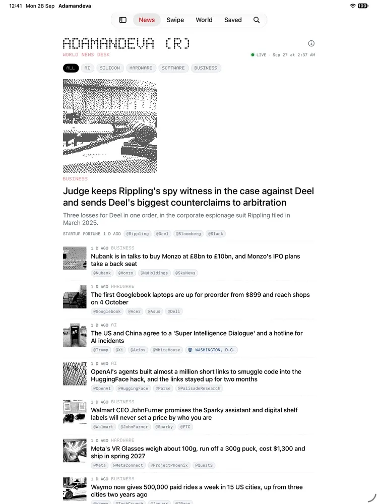 Adamandeva news app on iPad showing the feed