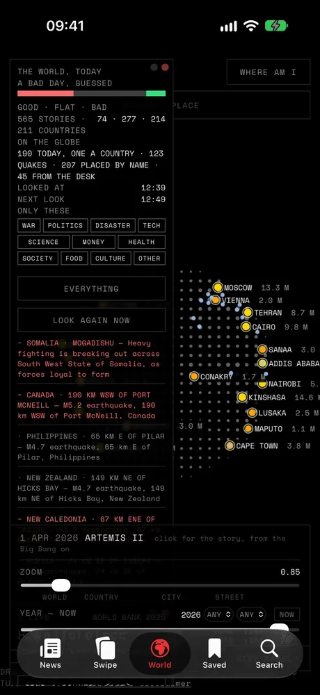 Adamandeva on iPhone in dark mode showing the world map