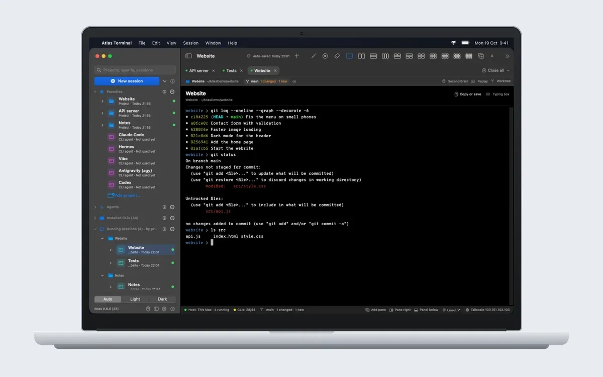 Atlas Terminal on a MacBook: projects and agents on the left, a terminal session on the right