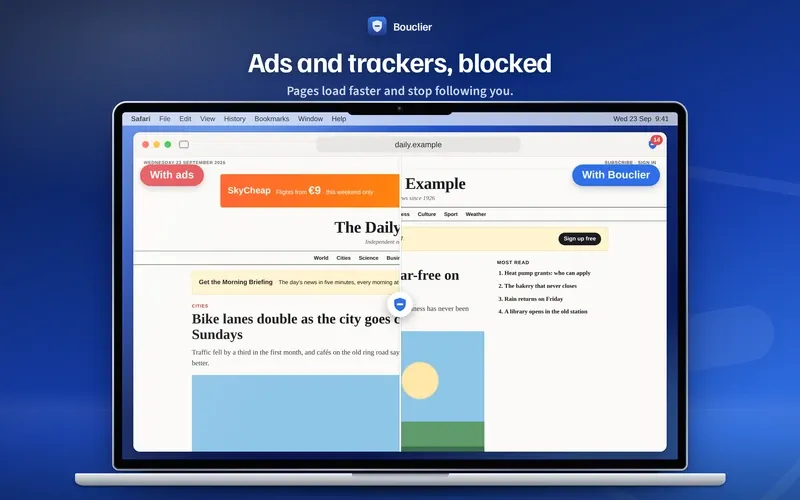 Bouclier on a Mac: ads and trackers blocked on a news page