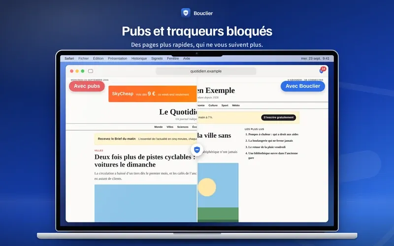 Bouclier sur Mac : publicités et traceurs bloqués sur une page de journal