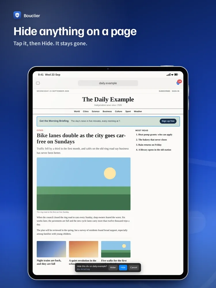 Bouclier on iPad hiding an element of a web page