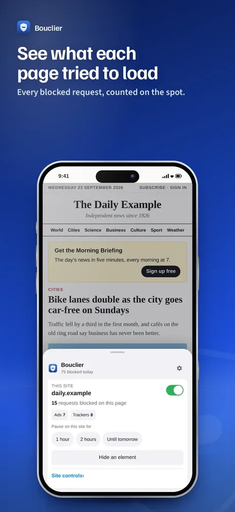 Bouclier report on iPhone listing blocked requests