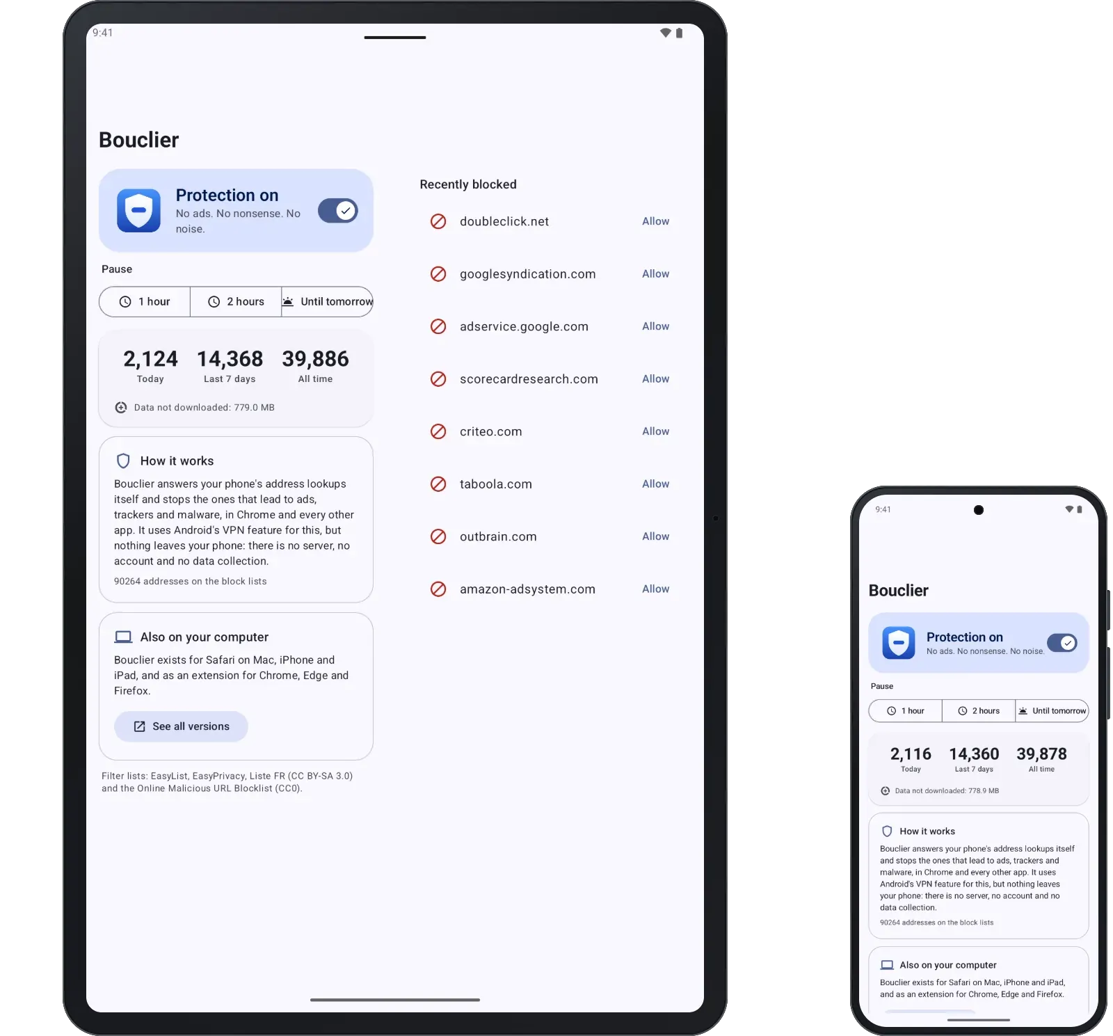 The Bouclier app on an Android phone and tablet