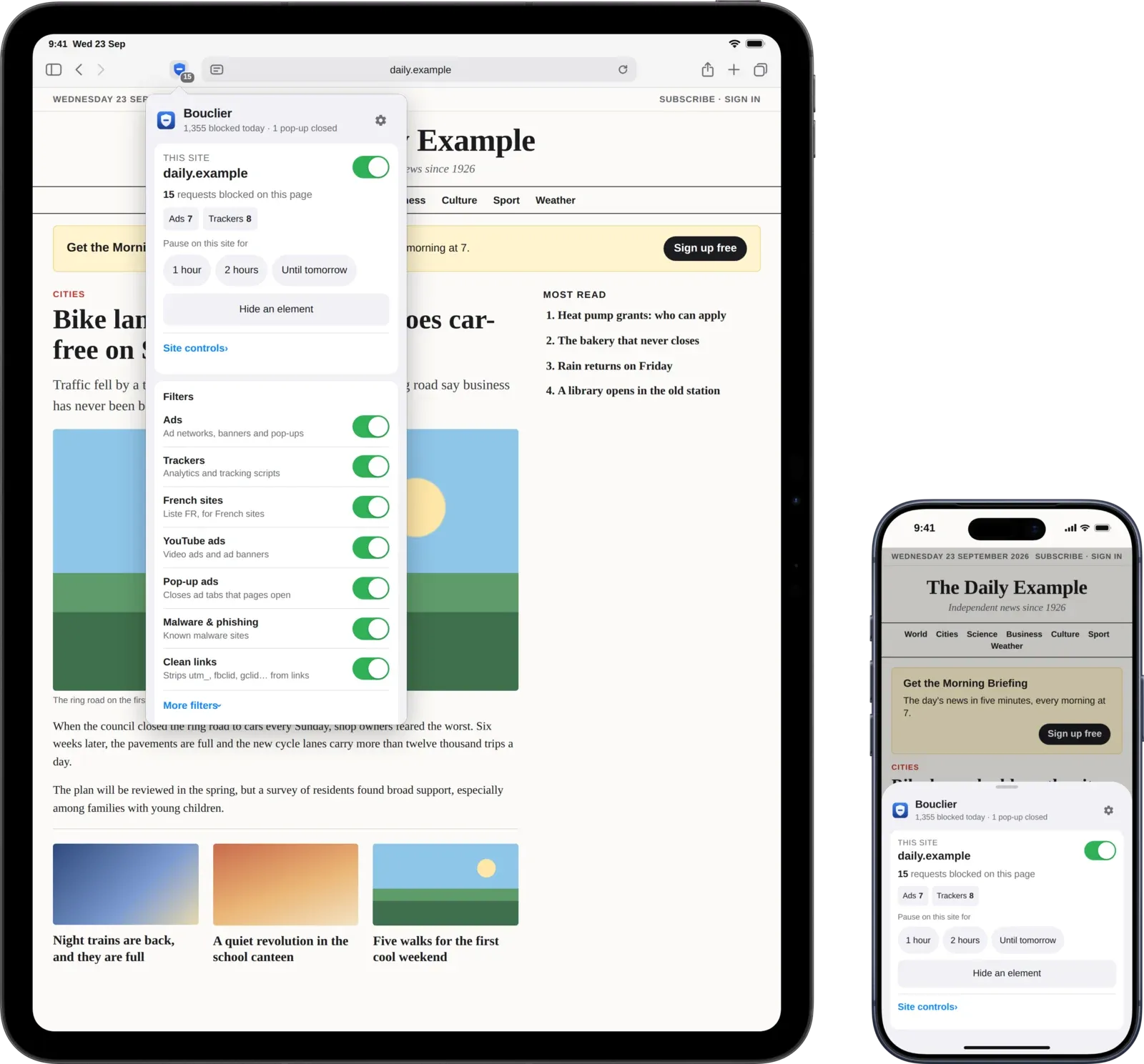 Bouclier in Safari on an iPad and an iPhone