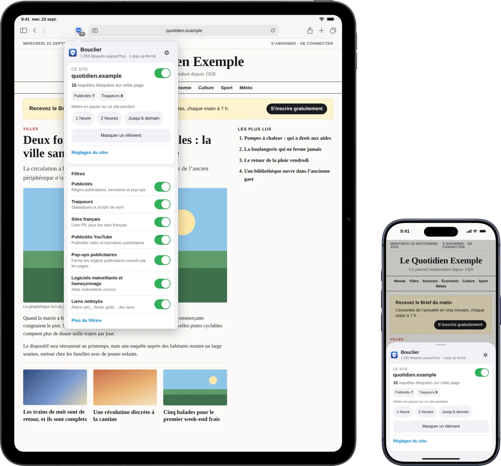 Bouclier dans Safari sur un iPad et un iPhone