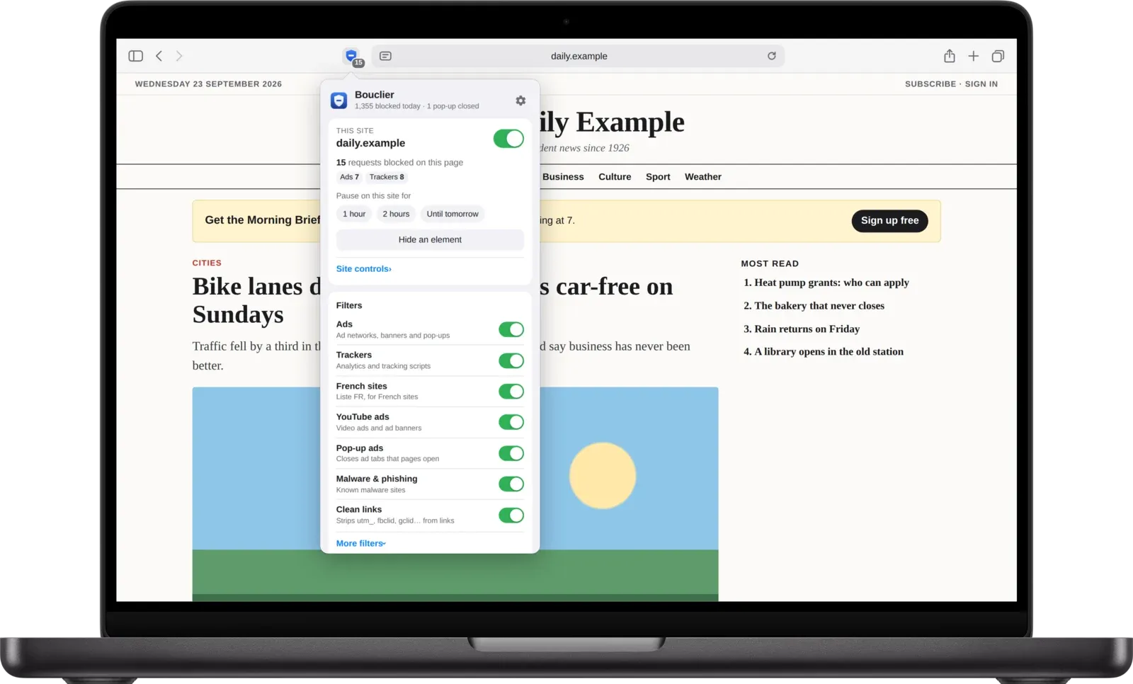 The Bouclier menu in Safari on a Mac, over a news page