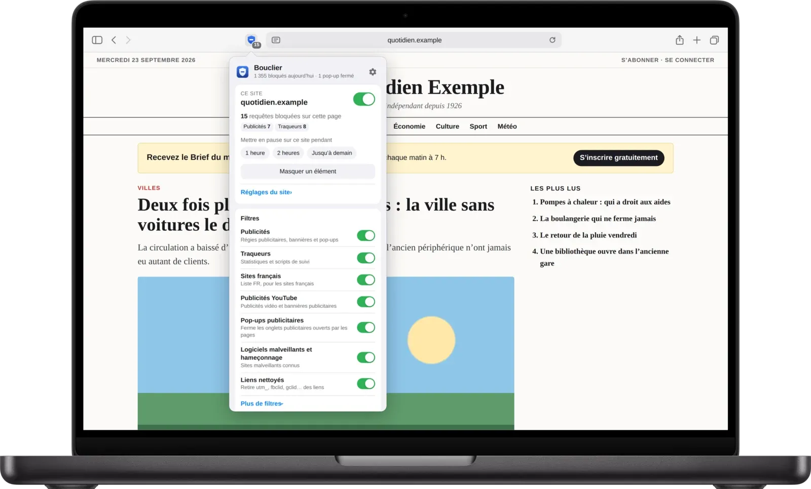 Le menu Bouclier dans Safari sur Mac, sur une page de journal