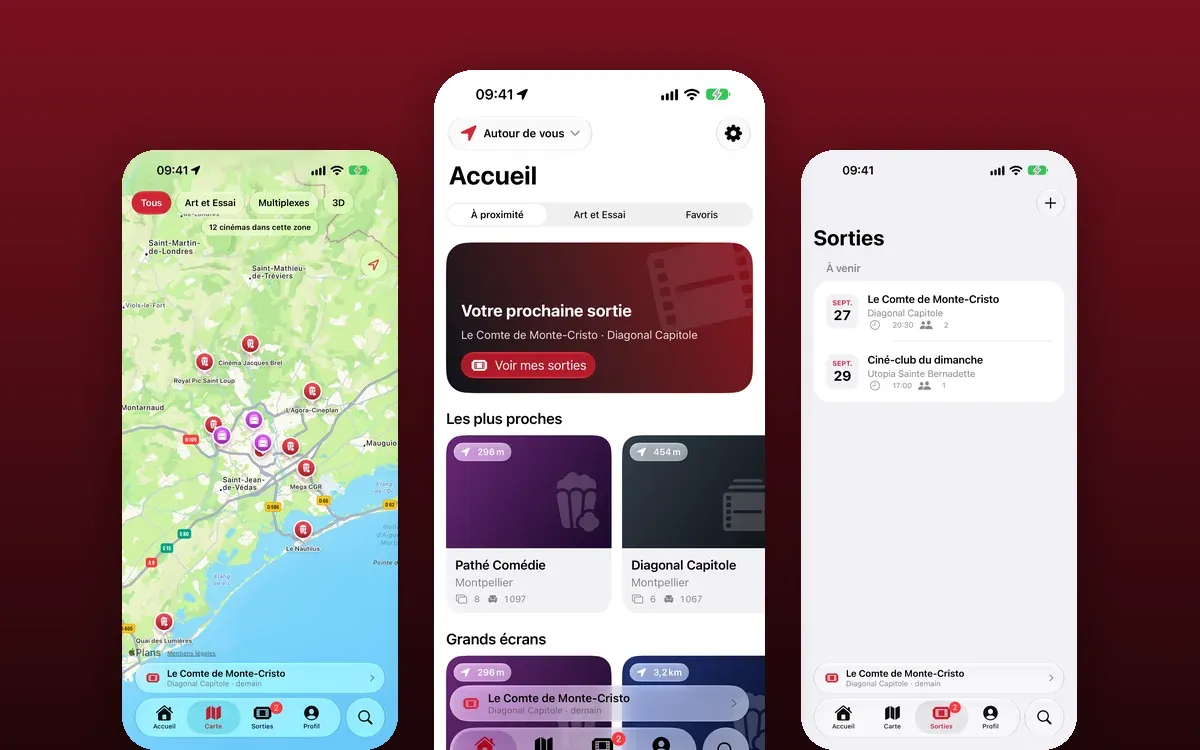 CineBuddy on iPhone: the map of cinemas around Montpellier, the home screen with the next outing, and the list of outings