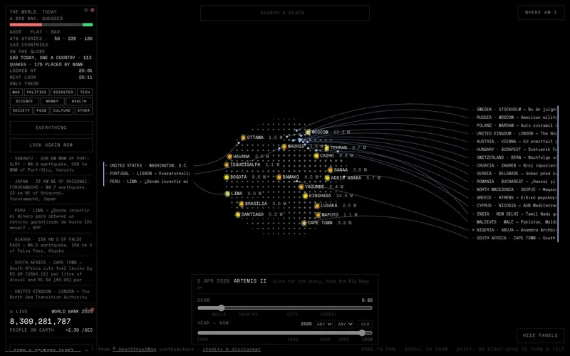 DotWorld: today's news placed as dots on a dark world map