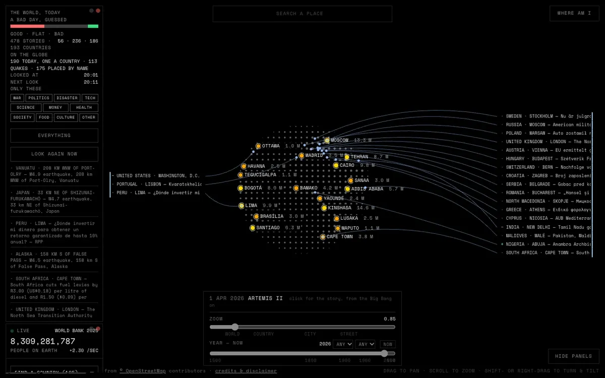DotWorld in a desktop browser: news as dots on a dark world map with panels
