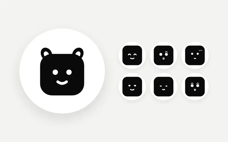 Element 0 logo, a soft face with two small ears, next to six of its moods
