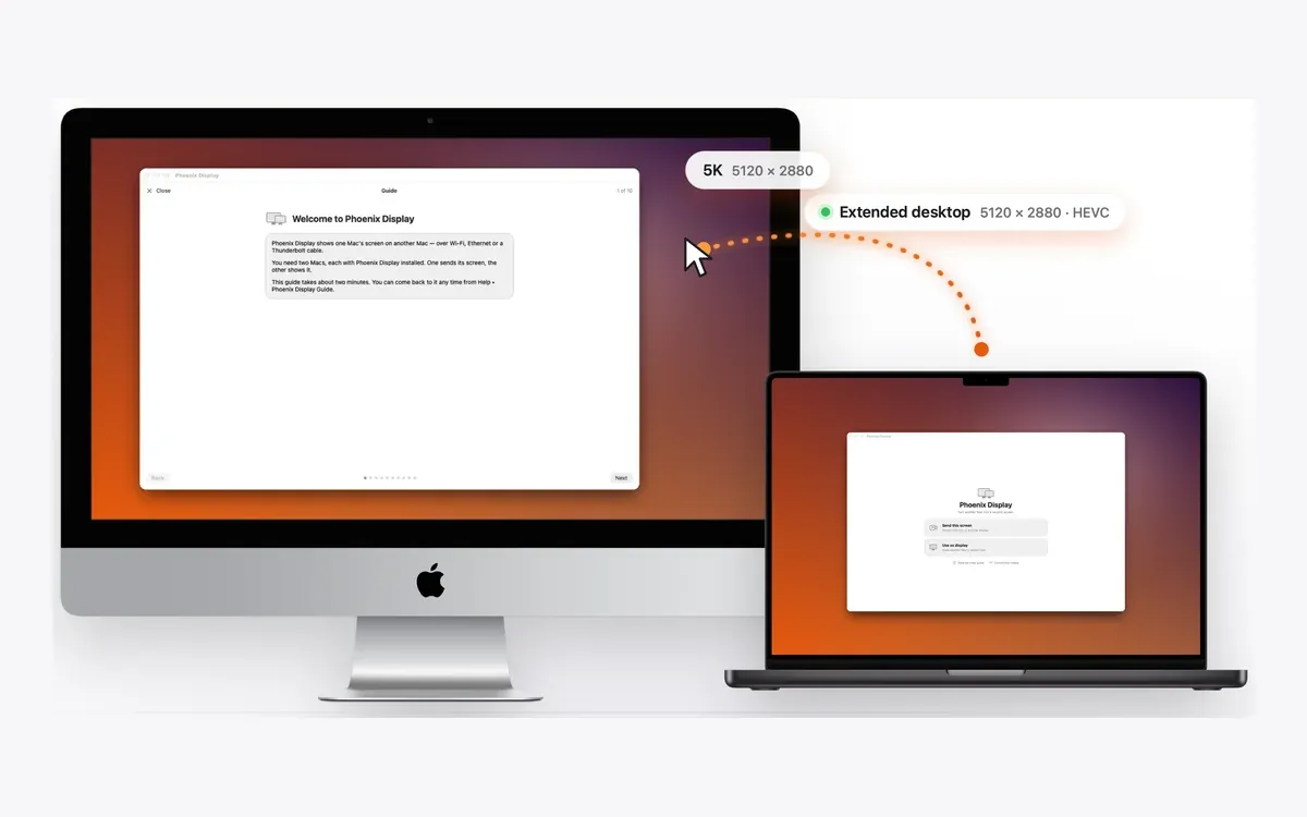 Phoenix Display : un MacBook Pro étendu sur un iMac, un seul bureau en 5120 × 2880