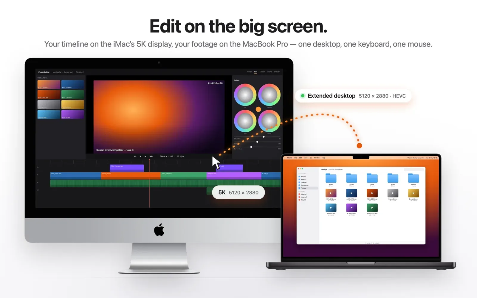 Une timeline vidéo sur l'écran 5K de l'iMac et une fenêtre Finder de rushes sur le MacBook Pro, un seul bureau