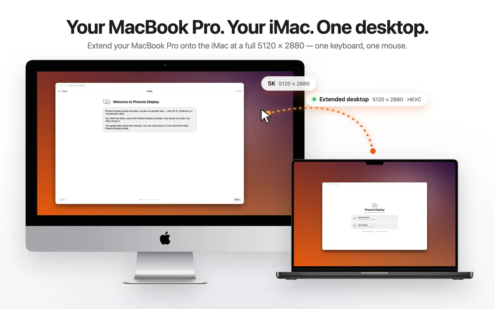 Un iMac affiche le guide de Phoenix Display comme bureau étendu d'un MacBook Pro, avec l'étiquette 5K 5120 × 2880, HEVC